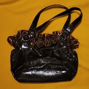 Black and Brown Patent Leather Shoulder Bag with Ruched Design